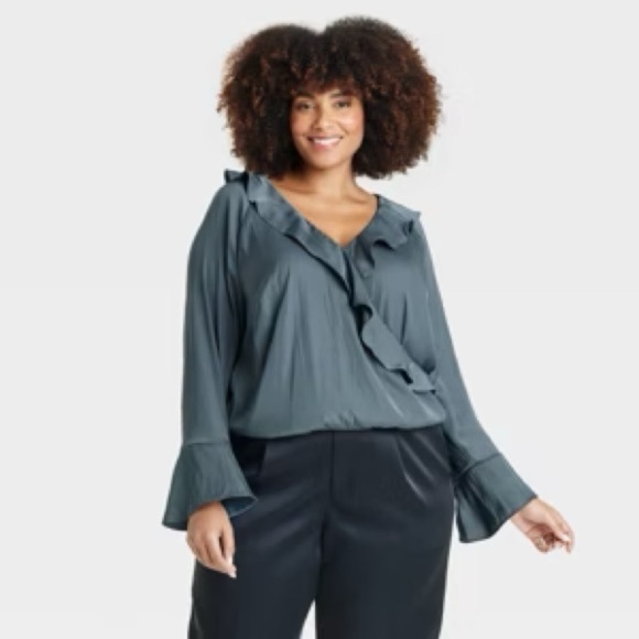 A new day women's flounce long sleeve
V-neck ruffle wrap blouse
Color Teal Blue - Picture 3 of 9